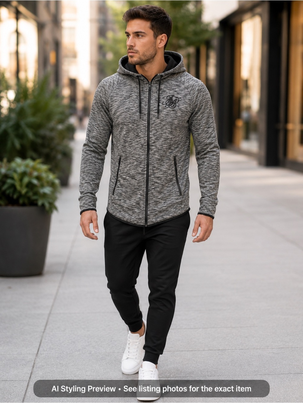 SikSilk Grey Marl Full Zip Hoodie Men’s Large Athletic Streetwear